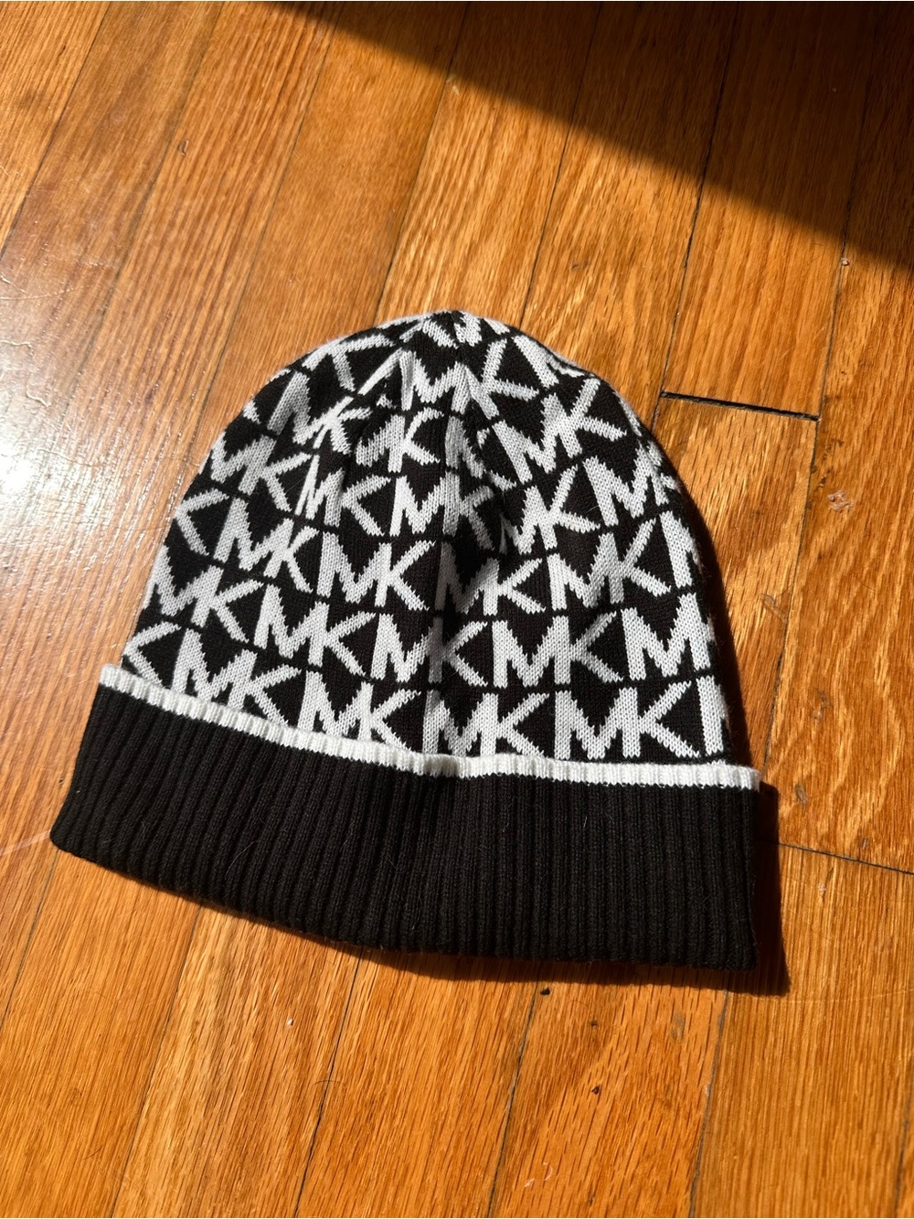 Michael Kors Black and White MK Logo Knit Cuff Beanie